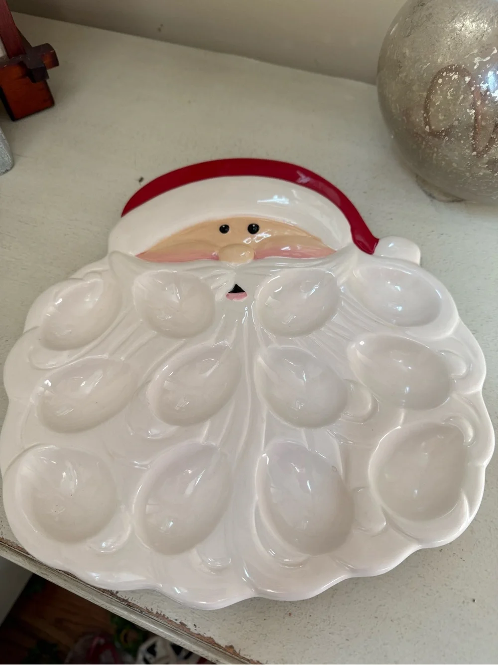 White and Red Santa Deviled Egg Platter - Holiday Serving Tray